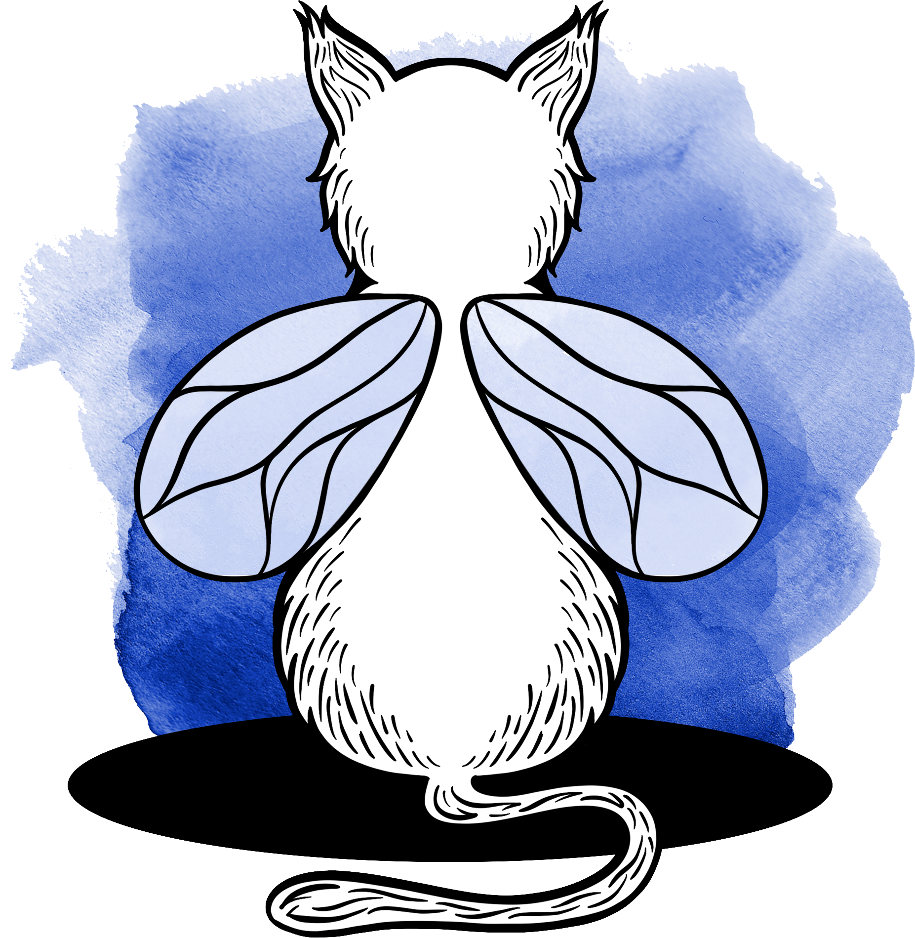 A chubby kitty from behind with bumble bee wings and a blue backround